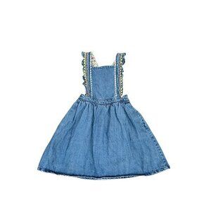 Denim Pinafore Dress With Embroidered Straps & Floral Lining
